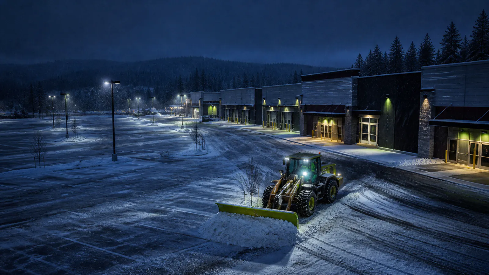 Commercial loader clearing fresh snow from a large Prince George retail property at night