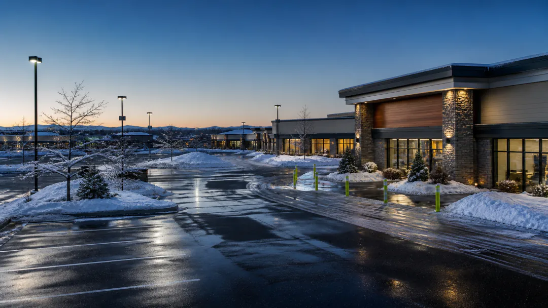 Cleared commercial property after a snow event with visible storage piles and wet pavement